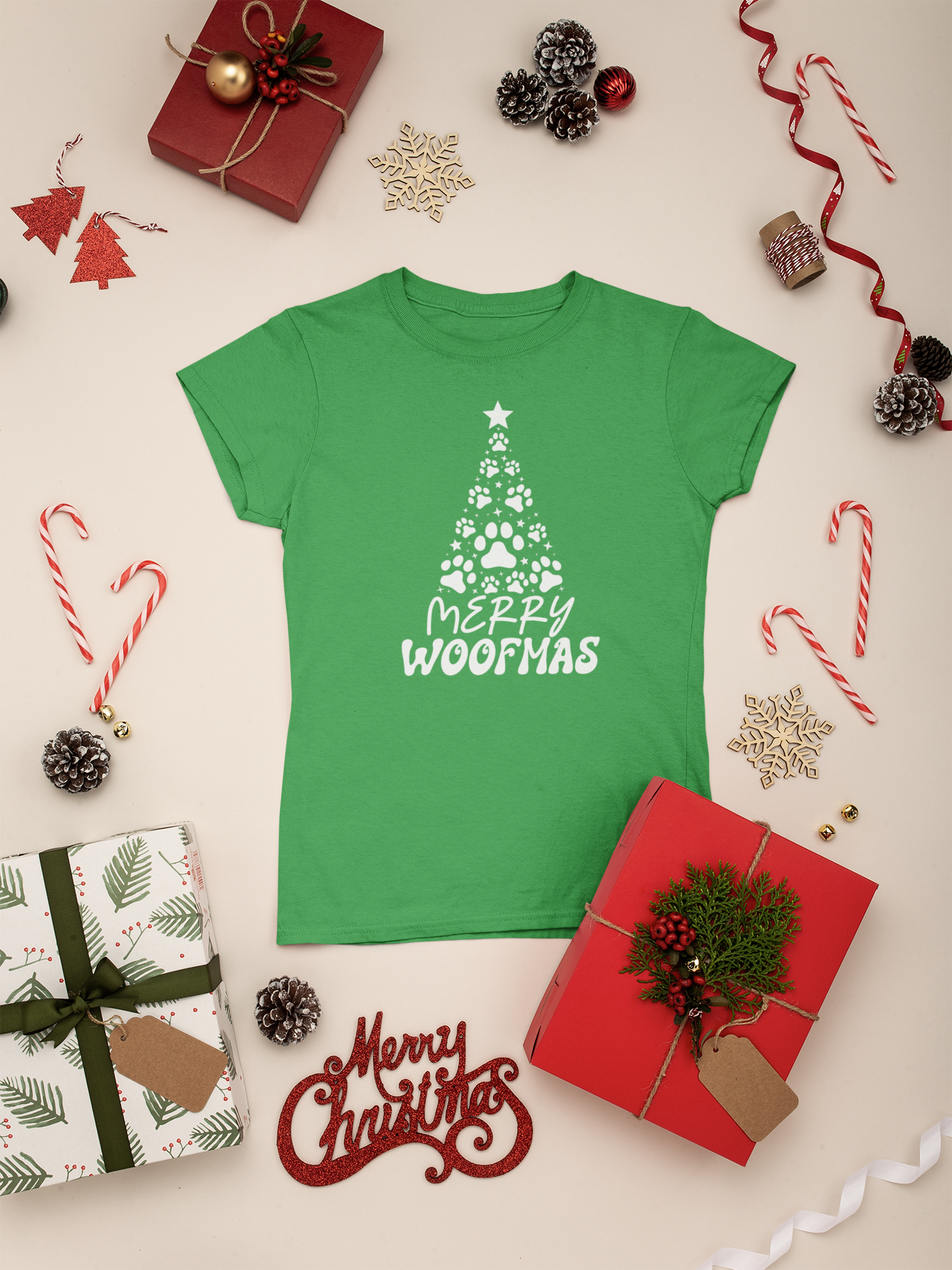 Merry Woofmas Christmas T Shirt Dog Paw Christmas Tree Design Cute Holiday Dog Lover Gift Shirt for Pet Owners