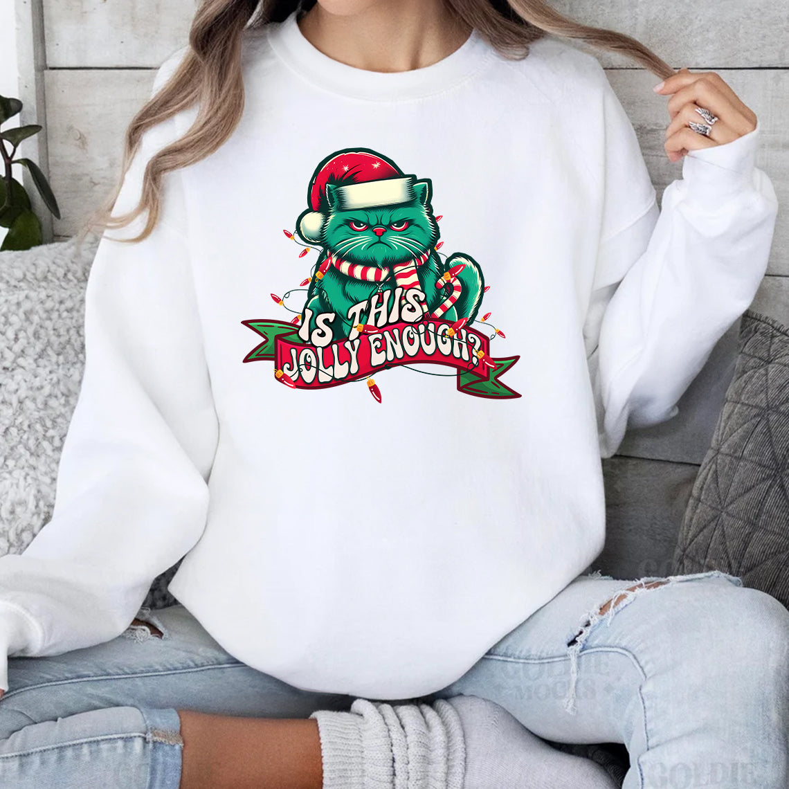 Funny Christmas Cat Sweater Unisex Long Sleeve Shirt Holiday Cat Design, Gift for Cat Lovers Is This Jolly Enough