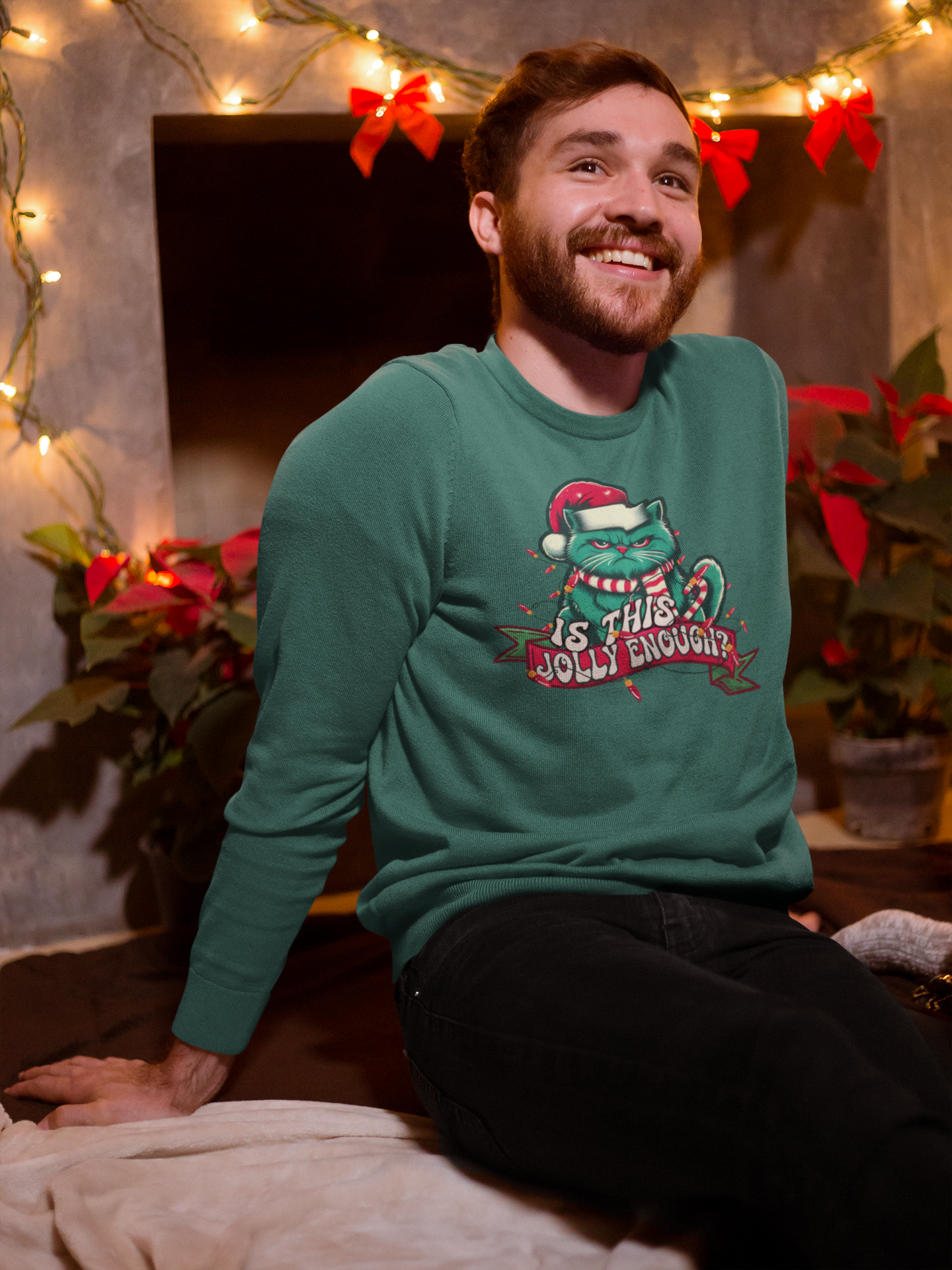 Funny Christmas Cat Sweater Unisex Long Sleeve Shirt Holiday Cat Design, Gift for Cat Lovers Is This Jolly Enough