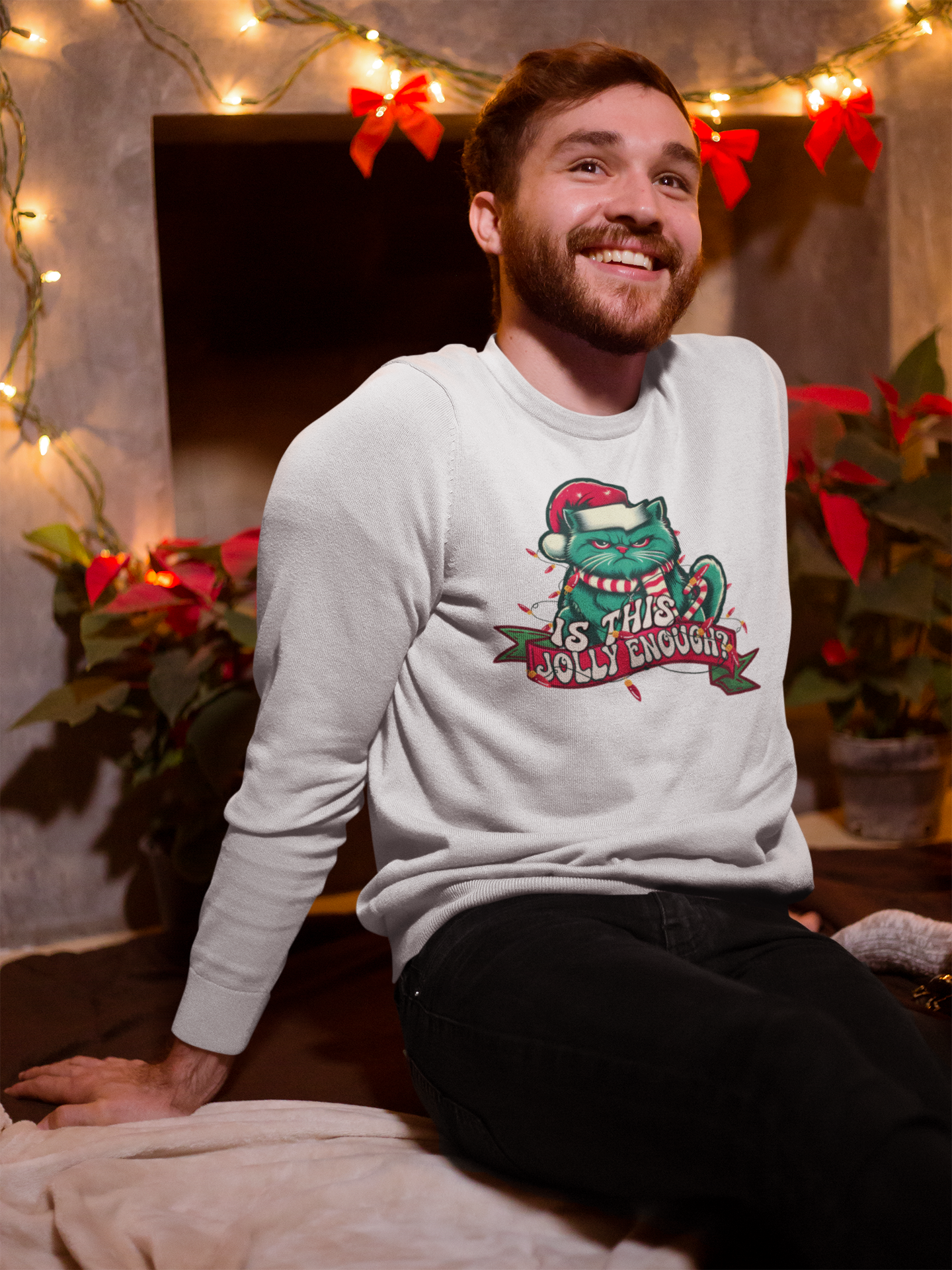 Funny Christmas Cat Sweater Unisex Long Sleeve Shirt Holiday Cat Design, Gift for Cat Lovers Is This Jolly Enough