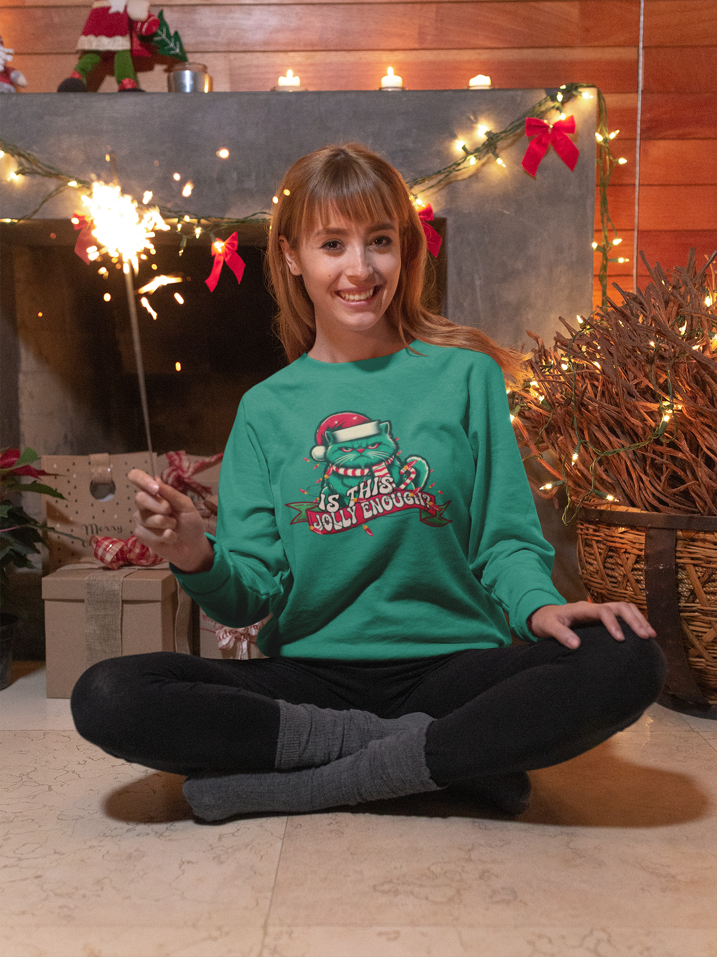 Funny Christmas Cat Sweater Unisex Long Sleeve Shirt Holiday Cat Design, Gift for Cat Lovers Is This Jolly Enough