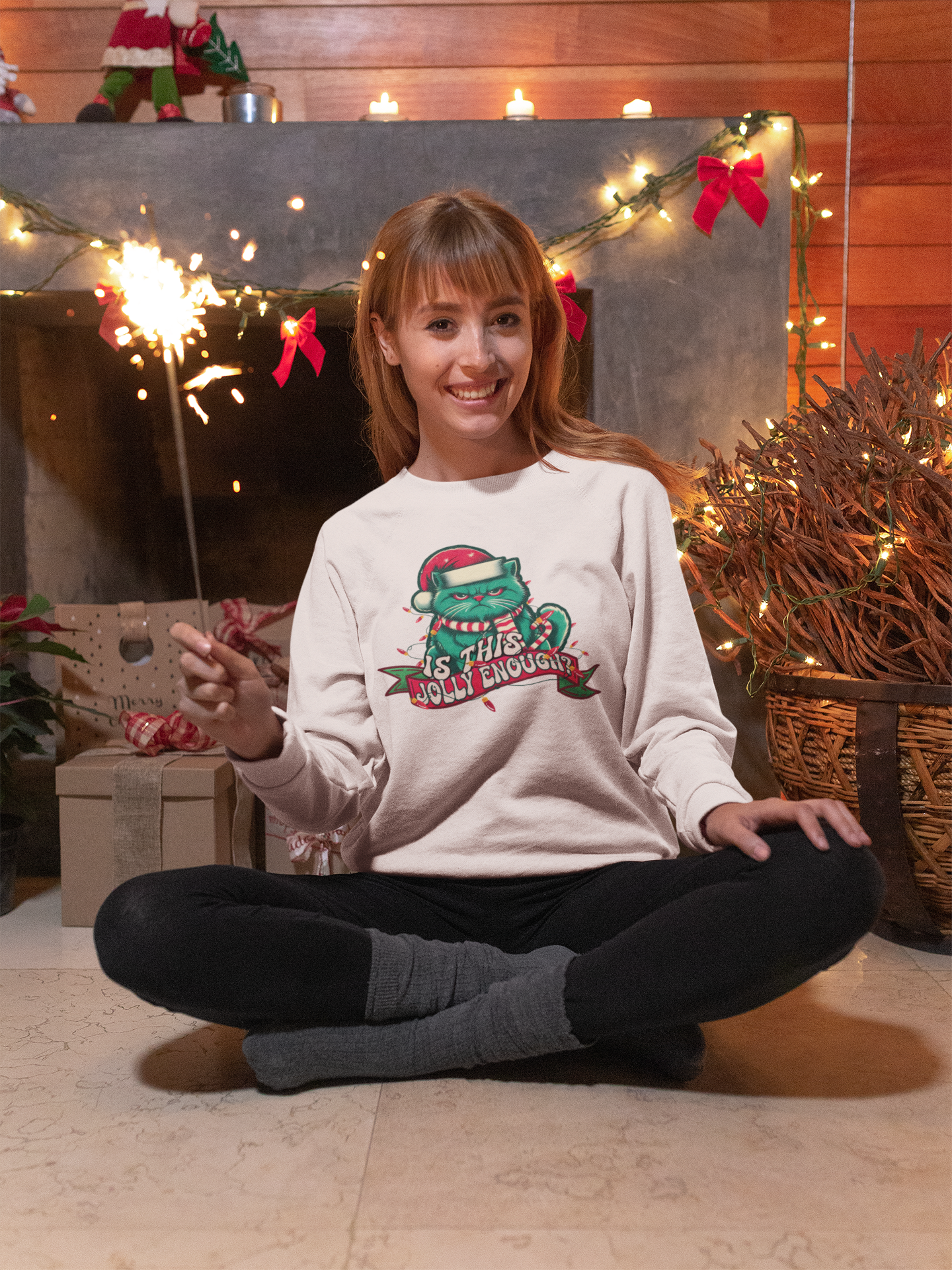 Funny Christmas Cat Sweater Unisex Long Sleeve Shirt Holiday Cat Design, Gift for Cat Lovers Is This Jolly Enough